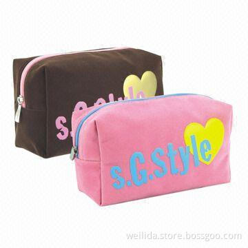 Cosmetic Bags, Made of Special Velvet with Knitted Backing, Attached Heart-shaped PU Front
